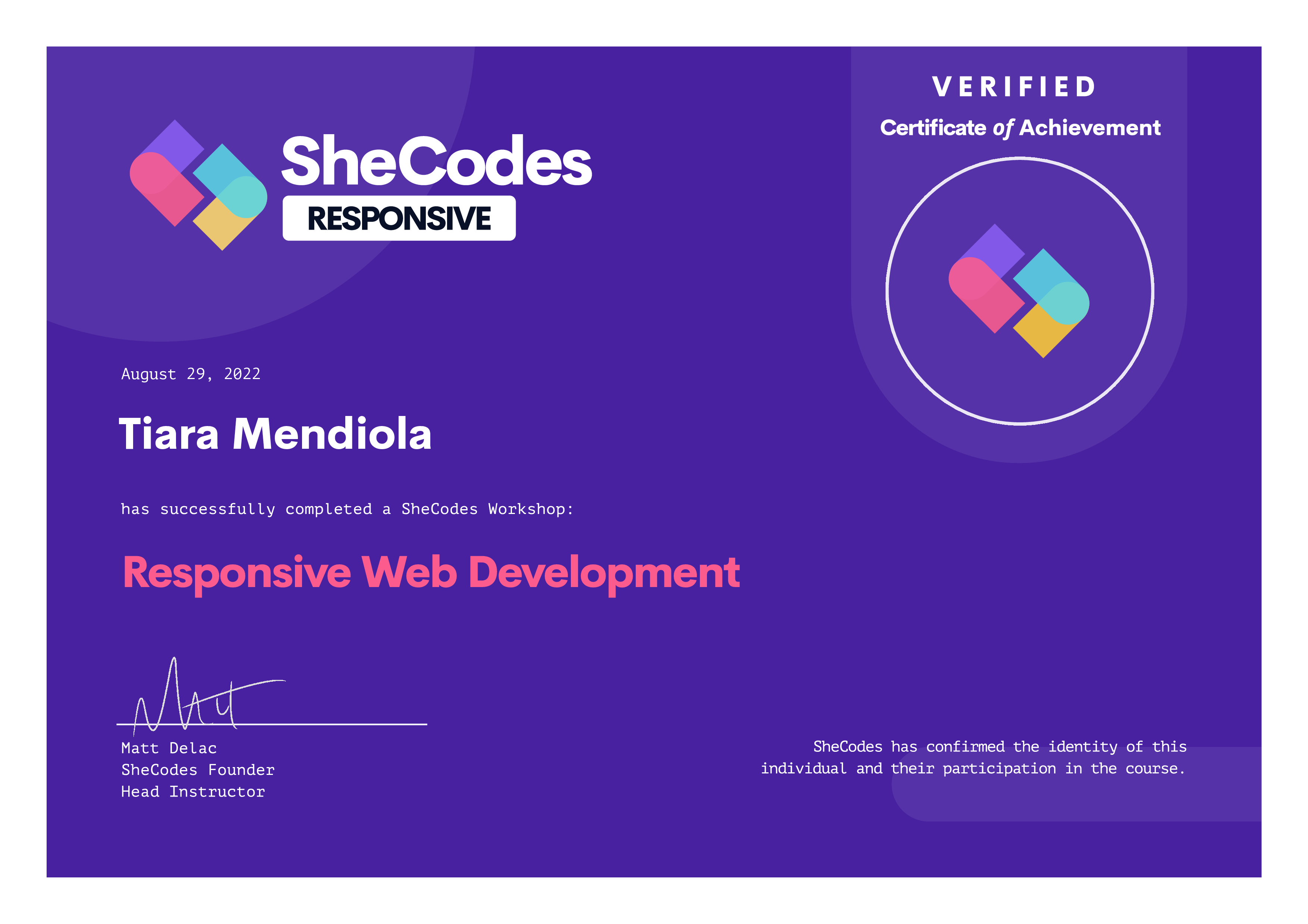 Image of Tiara's SheCodes: Responsive Web Development Certificate